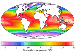 Annual mean sea surface temperature from World Ocean Atlas 2009.