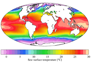 Annual mean sea surface temperatures WOA09 sea-surf TMP AYool.png