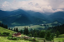 Paturages et forêt en montagne, dans les près quelques maisons éparses, une clôture.