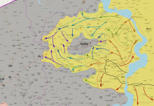 Map showing SDF envelope ISIL-held Manbij 2016 Manbij Encirclement.svg