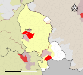 Localisation de l'aire d'attraction de Belfort dans le département du Territoire de Belfort.