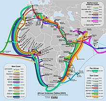 A map of active and anticipated submarine communications cables servicing the African continent in 2020. African undersea cables v44.jpg