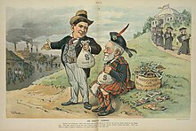 Puck illustration in which Schwab asks Carnegie whether it might be wiser to use the wealth from industry to benefit the worker rather than donate it to institutions for the privileged few. An object lesson - J.S. Pughe. LCCN2010651438.jpg