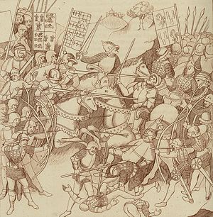 Битва при Шрусбери. Рисунок по мотивам средневековой миниатюры из «Путешествия по Уэльсу» Томаса Пеннанта (1778)