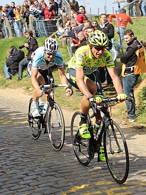 Tom Boonen and Filippo Pozzato on the third climb of Oude Kwaremont