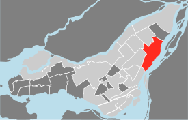 Map of the island of Montreal, with Mercier-Hochelaga-Maisonneuve in red.