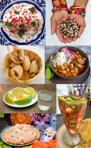 Chile en nogada, maize, tamales, pozole, mezcal, pan de muerto, coctel de camaron Collage Mexican Cuisine by User-EME.png