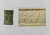 Cylinder seal and modern impression – bull-man combatting lion; nude hero combatting water buffalo; 2250–2150 BC; albite; height: 3.4 cm, diameter: 2.3 cm; Metropolitan Museum of Art (New York City)