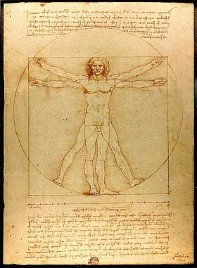 Leonardo da Vinci's Vitruvian Man (c. 1490) shows the correlations of ideal human body proportions with geometry described by the ancient Roman architect Vitruvius in his De Architectura. Vitruvius described the human figure as being like the principal source of proportion among the Classical orders of architecture. Da Vinci Vitruve Luc Viatour.jpg