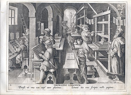 The invention of printing, anonymous, design by Stradanus, collection Plantin-Moretus Museum De uitvinding van de boekdrukkunst, anoniem, Museum Plantin-Moretus, PK OPB 0186 005.jpg