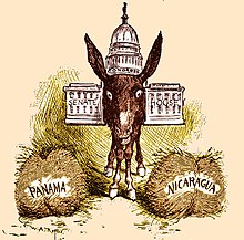 Political cartoon c. 1900, showing the United States Congress as Buridan's ass (in the two hay piles version), hesitating between a Panama route or a Nicaragua route for an Atlantic-Pacific canal. Deliberations of Congress.jpg