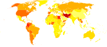 Disability-adjusted life year for drug use disorders per 100,000 inhabitants in 2004:
.mw-parser-output .div-col{margin-top:0.3em;column-width:30em}.mw-parser-output .div-col-small{font-size:90%}.mw-parser-output .div-col-rules{column-rule:1px solid #aaa}.mw-parser-output .div-col dl,.mw-parser-output .div-col ol,.mw-parser-output .div-col ul{margin-top:0}.mw-parser-output .div-col li,.mw-parser-output .div-col dd{page-break-inside:avoid;break-inside:avoid-column}
.mw-parser-output .legend{page-break-inside:avoid;break-inside:avoid-column}.mw-parser-output .legend-color{display:inline-block;min-width:1.25em;height:1.25em;line-height:1.25;margin:1px 0;text-align:center;border:1px solid black;background-color:transparent;color:black}.mw-parser-output .legend-text{}
no data
<40
40-80
80-120
120-160
160-200
200-240
240-280
280-320
320-360
360-400
400-440
>440 Drug use disorders world map - DALY - WHO2004.svg