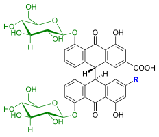 Für R = COOH handelt es sich um Sennosid A, für R = CH2OH um Sennosid B (Die grüne Markierung ist Glucose).