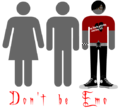 Don't be Emo image, created for the Emo (slang) article. Similar in design to various other images of the same message, including a design found on stickers and shirts sold by Vans shoes.