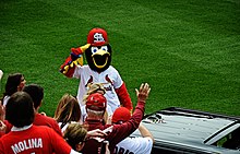 St. Louis mascot Fredbird, 2013 Fredbird, background, the team mascot for the St 130408-F-RN211-050.jpg