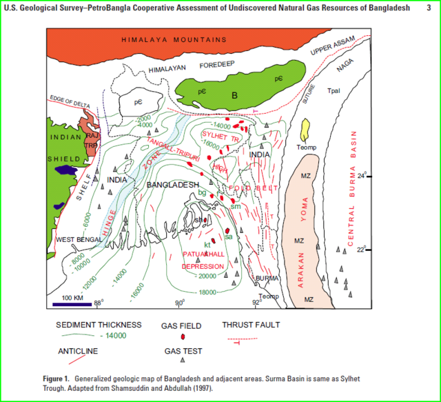 This general geologic map of Bangladesh shows some of the geologic features and sediment depths.