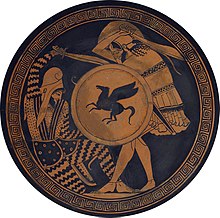 Greek hoplite and Persian warrior fighting, depicted on an ancient kylix, 5th century BC Greek-Persian duel.jpg
