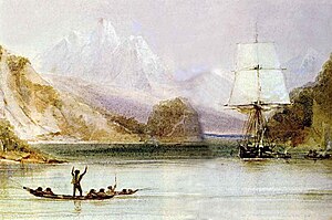HMS Beagle at Tierra del Fuego (painted by Con...