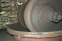 Edge-runner mill in a restored mill, at The Hagley Museum Hagley Mill Equipment.jpg