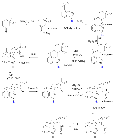 Hapalindole U Muratake 1990 Ts Schutzgruppensynthese (Schutzgruppen in blau)