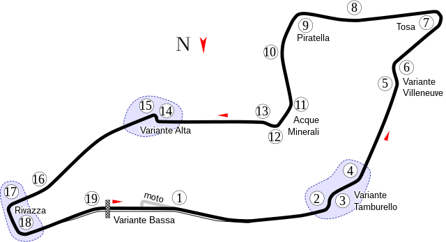 Track layout of the Imola circuit. The track runs anticlockwise and has nineteen corners, including the sharp hairpin at turn seven, Tosa, and three chicanes to slow cars down. The pit lane is on the outside of the track, with its entry located after turn eighteen and its exit located on the run to turn two.