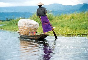 English: Leg rowing, Inle Lake, Burma. עברית: ...
