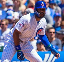 Jason Heyward wears a helmet with a protective guard during a 2016 game. Heyward started wearing the guard after being hit by a pitch in his face, which caused him to suffer a broken jaw. Jason Heyward on July 16, 2016 (2) (cropped).jpg