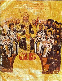 John VI Kantakouzenos presiding over a synod of Orthodox clergy in 1351. Despite the return to Orthodoxy after 1282, Byzantium was unable to restore harmony. John VI abdicated in 1354; the civil war with John V Palaiologos weakened the empire John VI Kantakouzenos.jpg