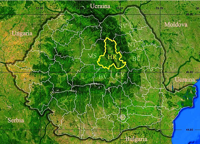 Harta României cu județul Harghita indicat