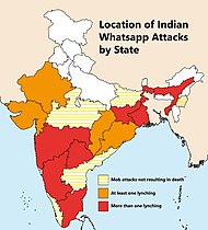 Indian WhatsApp lynchings in 2017-18 July 2018 map of Indian Whatsapp lychings.jpg