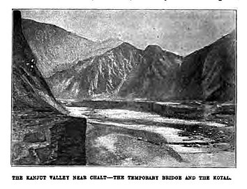 A view of the Kanjut / Hunza river as illustrated in E.F. Knight's "Where Three Empires Meet," published in 1905, 2nd Edition.