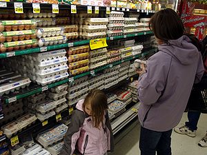 A young girl and her mother shop for chicken e...