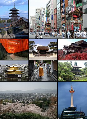 S lijeva na desno: Hram Tō-ji, moderna ulica Gion Masuri, Fushimi Inari-taisha, Carska palača, Kiyomizu-dera, Kinkaku, Pontochō i Maiko, Ginkaku-ji, Panorama grada s Higashiyame i Kyoto toranj