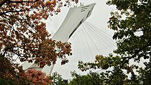 An distant inclined tower, surrounded by tree leaves in the foreground