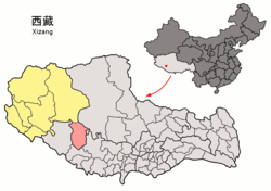 Location of Coqên County (red) within Ngari Prefecture (yellow) and the Tibet Autonomous Region