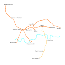 Initial London Overground network from November 2007 (orange) and the East London line in 2010 (light orange). London Overground 2007.png