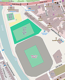 Map of the Millennium Stadium (south ground) and Cardiff Arms Park (north ground) Millennium Stadium Cardiff map copy.jpg