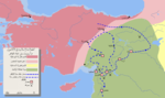 خريطة تُظهر مسار الحملات الإسلاميَّة في أقصى شمالي الشَّام والأناضول وأرمينية خلال العصر الراشدي.