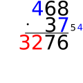 Sista multiplikationen med 7 ( 7 · 4 = 28 ) sedan adderas minnessiffran (28 + 4 = 32) Eftersom det är sista siffran skrivs hela svaret direkt.