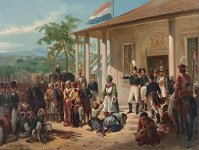 Nicolaas Pieneman's painting The Submission of Prince Dipo Negoro to General De Kock is a triumphalist painting of the event that ended the Java War.