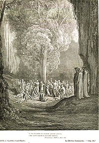 Image of a non-fiery purgatory (Gustave Dore: illustration for Dante's Purgatorio, Canto 24 in Divine Comedy). Right: Dante and companions observe. Middle: willing souls gather round a sweet-smelling tree with fruit they cannot eat, to be purged of residual gluttony. Pur 24 dore.jpg