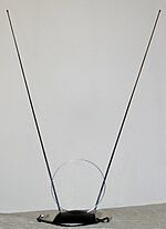 Indoor "rabbit ears" antenna often used for terrestrial television reception. This model also has a loop antenna for UHF reception. Rabbit-ears dipole antenna with UHF loop 20090204.jpg