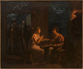 Miranda fait une partie d'échecs avec Ferdinand, qu'elle accuse, en plaisantant, de tricher (1822), Paris, musée de la Vie romantique. D'après La Tempête de Shakespeare.
