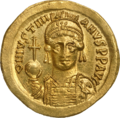 Type of the gold coin of Justinian I discovered in the tomb.[5]