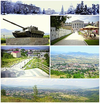 From top left:Panoramic view of the Renaissance Square T-72 tank memorial of Karabakh War • Artsakh University Downtown Stepanakert • Stepanakert skyline Panoramic view of Stepanakert