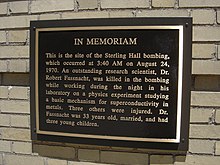 The plaque honoring the victims of the August 1970 Sterling Hall bombing, University of Wisconsin, Madison Sterling Hall plaque.jpg