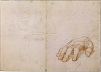 エラスムスの右手の習作と顔のスケッチ。手はロンドン・ナショナル・ギャラリーにある『エラスムスの肖像』と関連している。顔は後の者と思われ、1532年ごろの円形画と関連していると思われる。ルーヴル美術館蔵。
