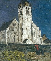 Suze Robertson: c. 1915: 'Kerk te Katwijk', olieverf op paneel