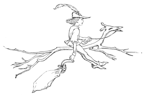 black and white illustration of a small young man flying riding a long white stick that vaguely resembles a horse. He dangles a large sack loosely in one hand and holds the "horse's" "reins" in the other. The young man wears a small hat with a pointed brim folded at the sides with a very large feather in it, a puffy-sleeved shirt with a sleeveless tunic over it, leggings, and pointed shoes. The stick has a lumpy "head" with impressions or holes for eyes and nostrils, four slender branches for limbs—branching further at the ends, and two small ones for ears. There is no background.