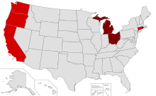US States with bans on battery cages for laying hens
Laws prohibiting battery cages
Laws prohibiting battery cages and cage-egg sale
Battery cages legal
v
t
e US States w outlawed battery cages.svg
